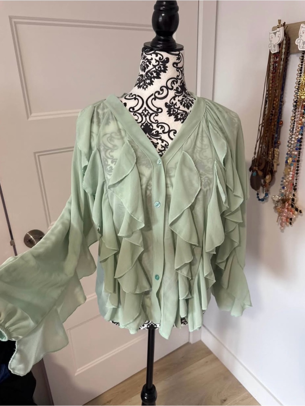 Light Green Ruffle Button-Front Blouse - Unbranded